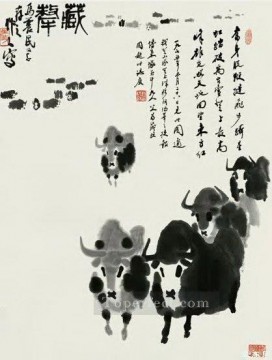  antique Oil Painting - Wu zuoren team of cattle antique Chinese
